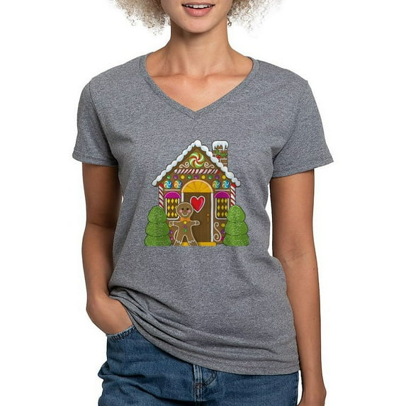 CafePress - Gingerbread House Women's V Neck Dark T Shirt - Women's V-Neck Dark T-Shirt