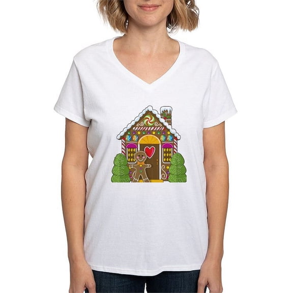 CafePress - Gingerbread House Women's V Neck T Shirt - Womens Cotton V-Neck T-shirt