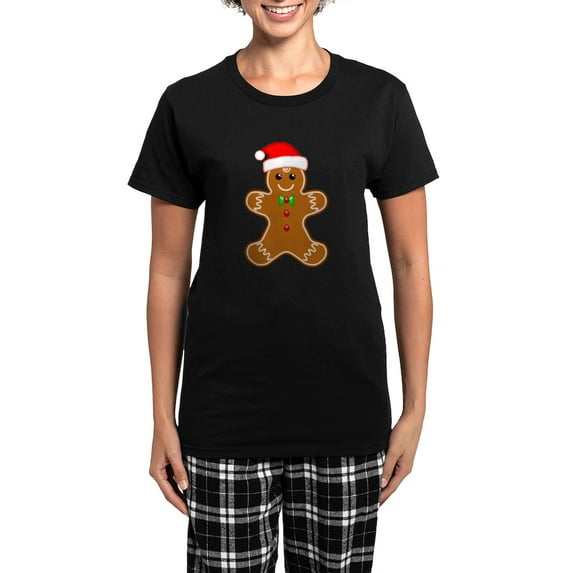 CafePress - Gingerbread Man With Santa Hat Pajamas - Women's Short Sleeve Print T-Shirt and Pants Dark Cotton Pajama Set