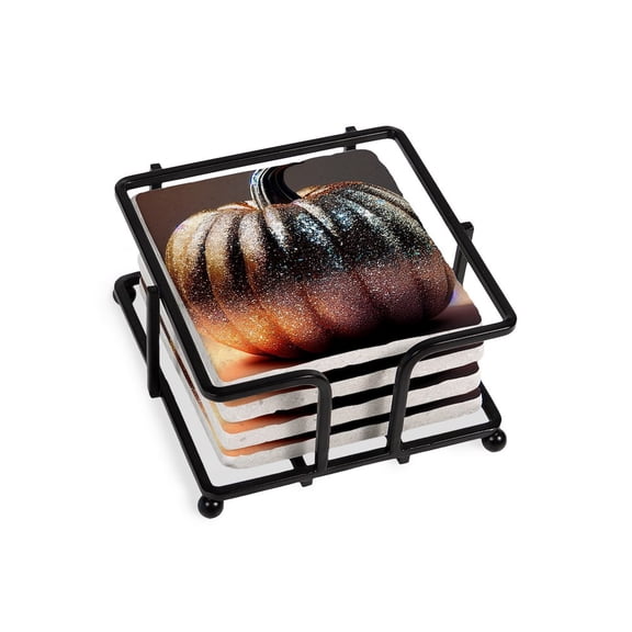 CafePress - Glitter Pumpkin - Tile Coaster, Drink Coaster Set of 4 w/ holder