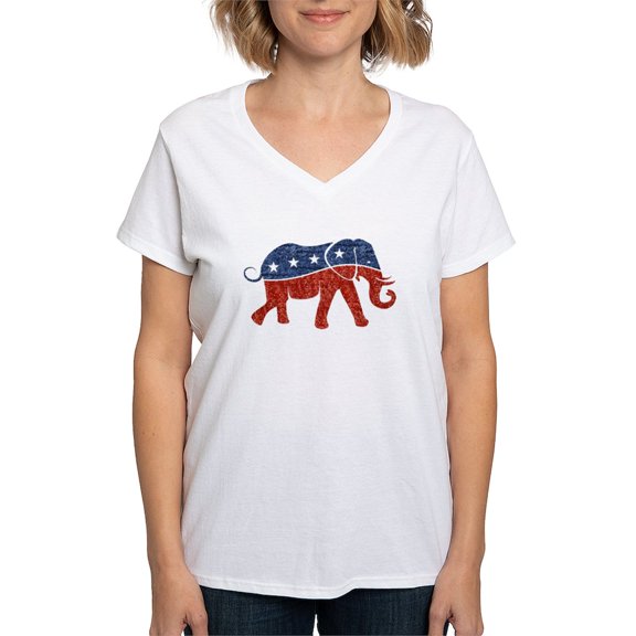 CafePress - Glitter Republican Elephant T Shirt - Womens Cotton V-Neck T-shirt