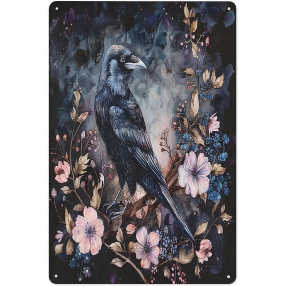 Gothic Raven Crow Flower Halloween Metal Tin Sign Funny Hanging Pictures Vintage And Retro Signs for Decorations for Man Cave Wall 8x12 Inch