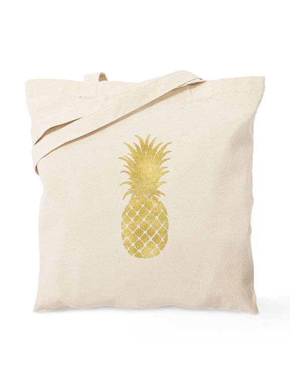 - Gold Glitzy Pineapple Tote Bag - Unisex Canvas Tote Bag, Beige, 1-Piece