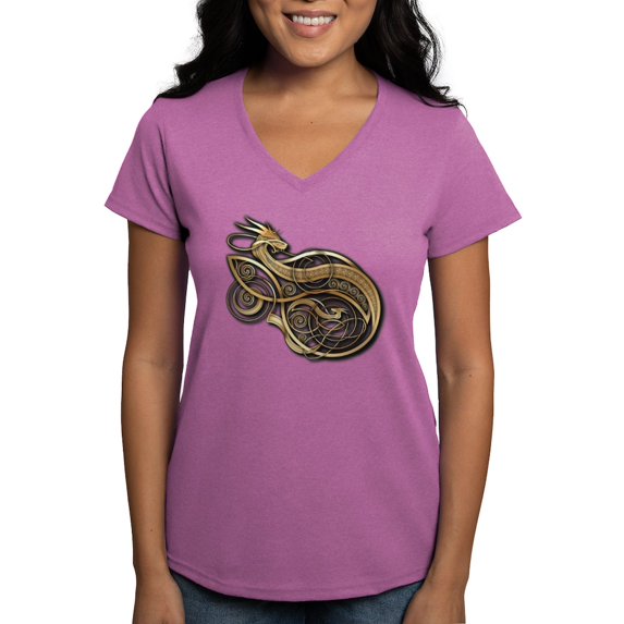 CafePress - Gold Norse Dragon Women's V Neck Dark T Shirt - Women's V-Neck Dark T-Shirt