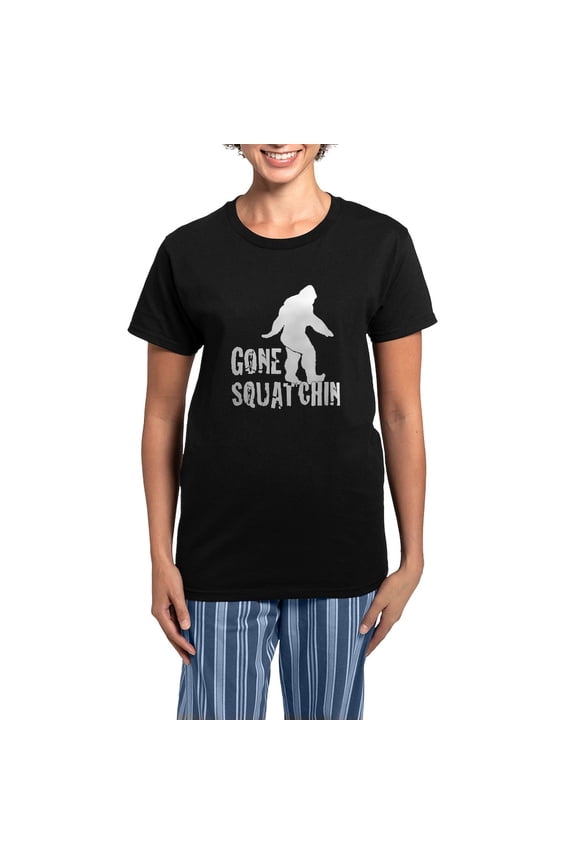 - Gone Squatchin Print Women's Dark Pajamas - Women's Short Sleeve Print T-Shirt and Pants Dark Cotton Pajama Set