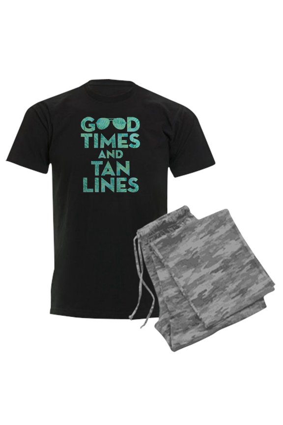 - Good Times Tan Lines Print Men's Dark Pajamas - Men's Dark Loose Fit Cotton Pajama Set