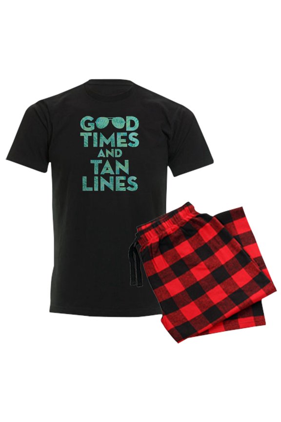 - Good Times Tan Lines Print Men's Dark Pajamas - Men's Dark Loose Fit Cotton Pajama Set