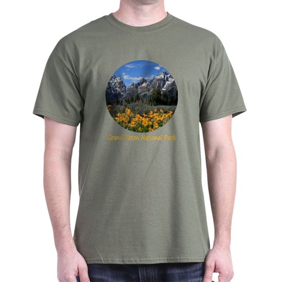 CafePress - Grand Teton Mountains With Yellow Spr Dark T Shirt - Men's Classic Graphic Cotton T-Shirt