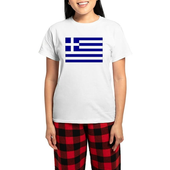 CafePress - Greece Flag Women's Light Pajamas - Women's Short Sleeve Print T-Shirt and Pants Light Cotton Pajama Set