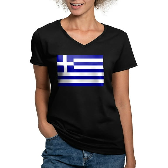 CafePress - Greece Flag Women's V Neck Dark T Shirt - Women's V-Neck Dark T-Shirt