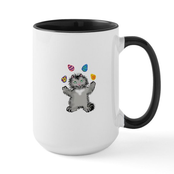 CafePress - Grey Kitten Juggling Easter Eggs Mugs - 15 oz Ceramic Large White Novelty Mug