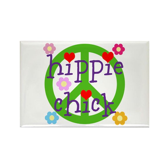 CafePress - HIPPY CHICK PEACE LOVE HEARTS F - Rectangle Magnet, 2"x3" Refrigerator Magnet