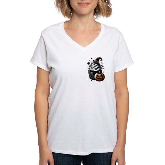 CafePress - Halloween Cupcake T Shirt - Womens Cotton V-Neck T-shirt