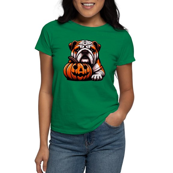 CafePress - Halloween English Bulldog Jack O Lantern Autumn Women's Value T Shirt - Women's Traditional Fit Dark T-Shirt