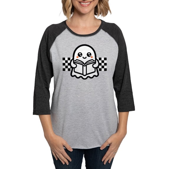 CafePress - Halloween Ghost Reading School Women's Baseball T Shirt - Womens Baseball Tee