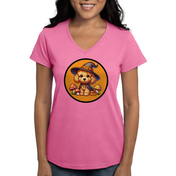 CafePress - Halloween Goldendoodle Witch Women's V Neck T Shirt - Women's V-Neck Dark T-Shirt