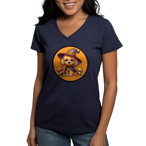CafePress - Halloween Goldendoodle Witch Women's V Neck T Shirt - Women's V-Neck Dark T-Shirt