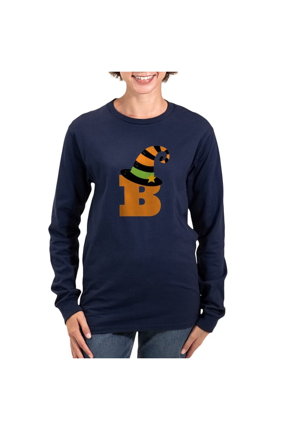 - Halloween Letter B Witch Monogram Women's Long Sle - Women's Long Sleeve Graphic Tee Casual Fit