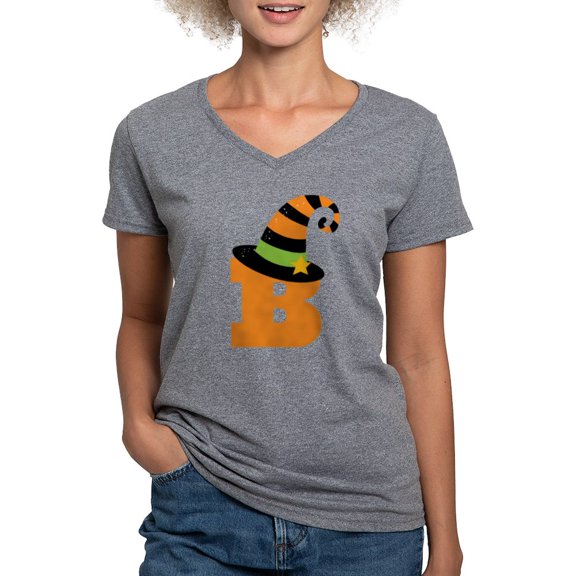 CafePress - Halloween Letter B Witch Monogram Women's V Neck D - Women's V-Neck Dark T-Shirt