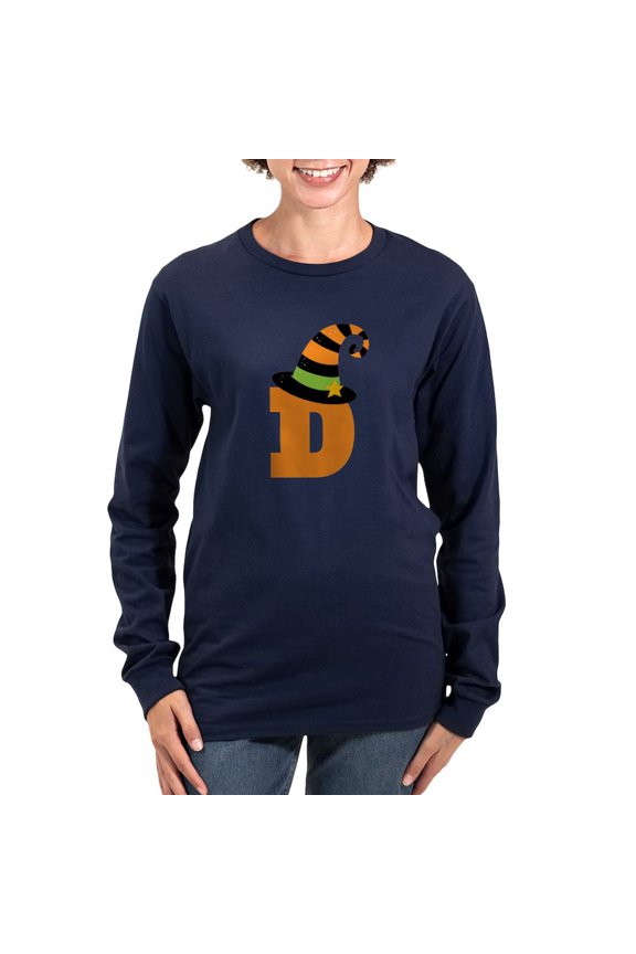 - Halloween Letter D Witch Monogram Women's Long Sle - Women's Long Sleeve Graphic Tee Casual Fit