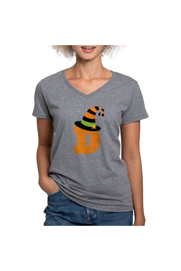 - Halloween Letter D Witch Monogram Women's V Neck D - Women's V-Neck Dark T-Shirt