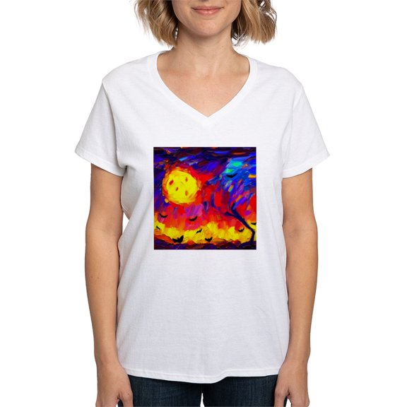 CafePress - Halloween Modern Abstract Oil Painting Women's V Neck T Shirt - Womens Cotton V-Neck T-shirt