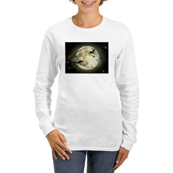 CafePress - Halloween Moon Spooky Crows Long Sleeve T Shirt - Women's Long Sleeve Graphic Casual T-Shirt