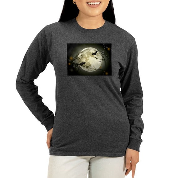 CafePress - Halloween Moon Spooky Crows Long Sleeve T Shirt - Women's Long Sleeve Graphic Tee Casual Fit