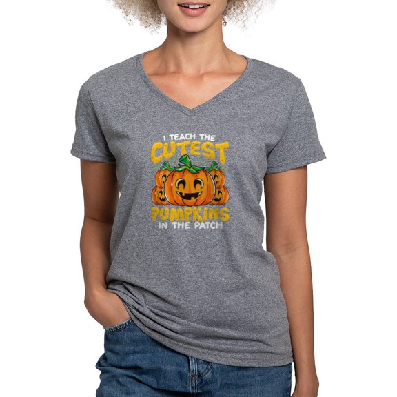 CafePress - Halloween Teacher Pumpkin Patch T Shirt - Women's V-Neck Dark T-Shirt