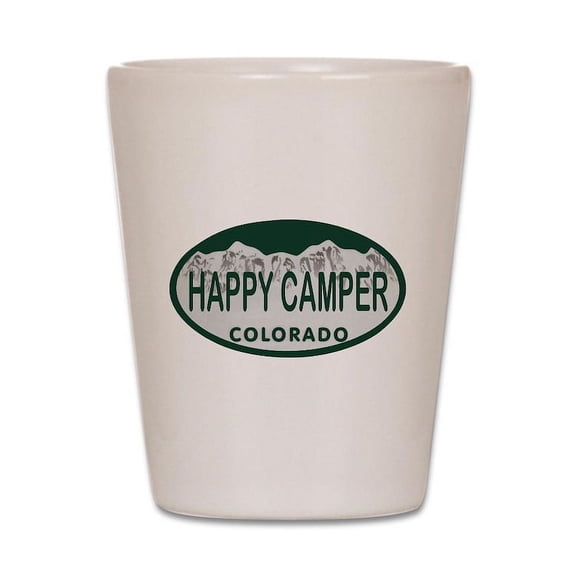 CafePress - Happy Camper Colo License Plate - White Shot Glass, Unique and Funny Shot Glass