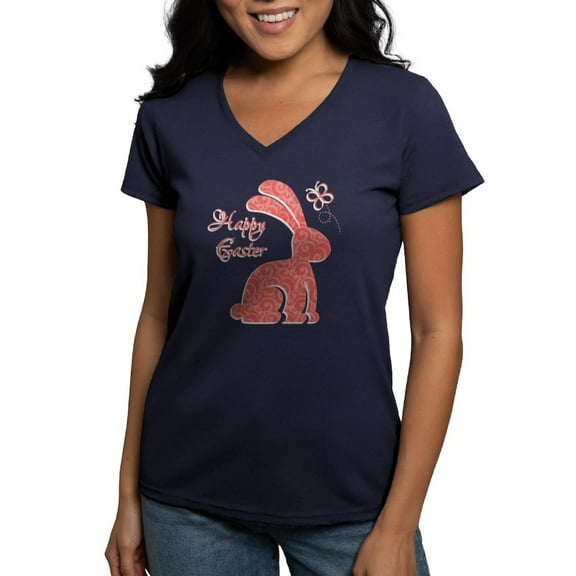CafePress - Happy Easter Bunny Women's V Neck Dark T Shirt - Women's V-Neck Dark T-Shirt