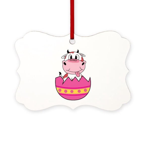 CafePress - Happy Easter Egg Cute Cow Aluminum - Scroll Ornament