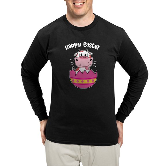 CafePress - Happy Easter Egg Cute Cow Anim Long Sleeve T Shirt - Long Sleeve Dark T-Shirt