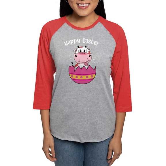CafePress - Happy Easter Egg Cute Cow Anim Long Sleeve T Shirt - Womens Baseball Tee