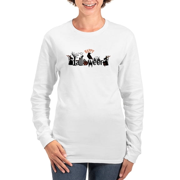 CafePress - Happy Halloween Black & Orange Long Sleeve T Shirt - Women's Long Sleeve Graphic Casual T-Shirt