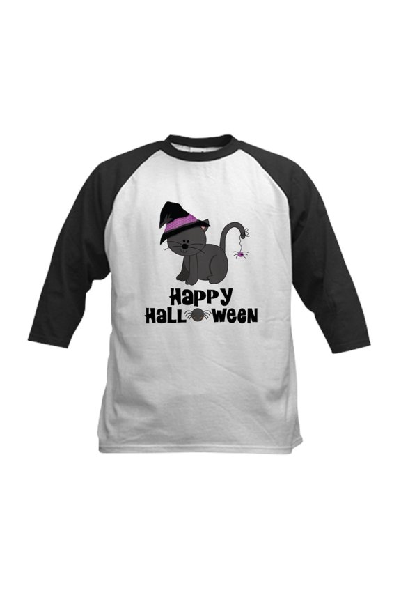 - Happy Halloween Cat Kids Baseball Jersey - Kids Cotton Baseball Jersey, 3/4 Sleeve Shirt