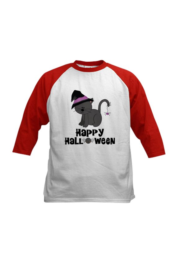 - Happy Halloween Cat Kids Baseball Jersey - Kids Cotton Baseball Jersey, 3/4 Sleeve Shirt