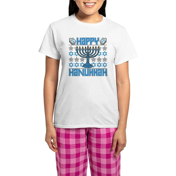 CafePress - Happy Hanukkah Women's Light Pajamas - Women's Short Sleeve Print T-Shirt and Pants Light Cotton Pajama Set