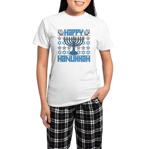 CafePress - Happy Hanukkah Women's Light Pajamas - Women's Short Sleeve Print T-Shirt and Pants Light Cotton Pajama Set