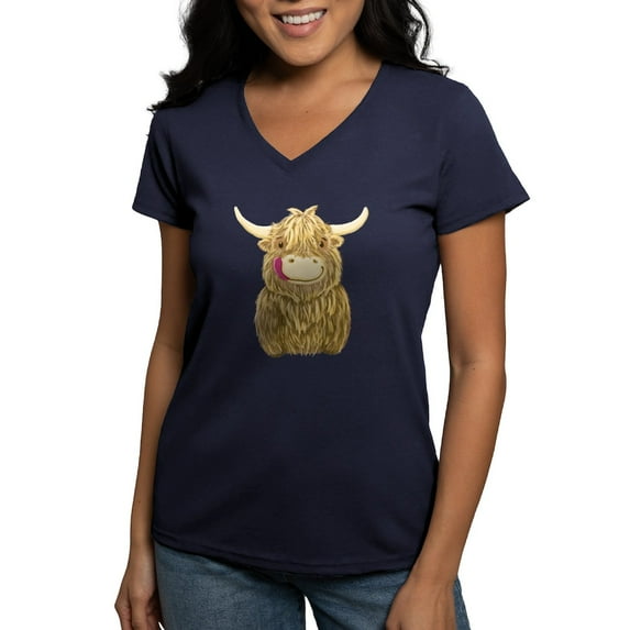 CafePress - Happy Highland Cow T Shirt - Women's V-Neck Dark T-Shirt