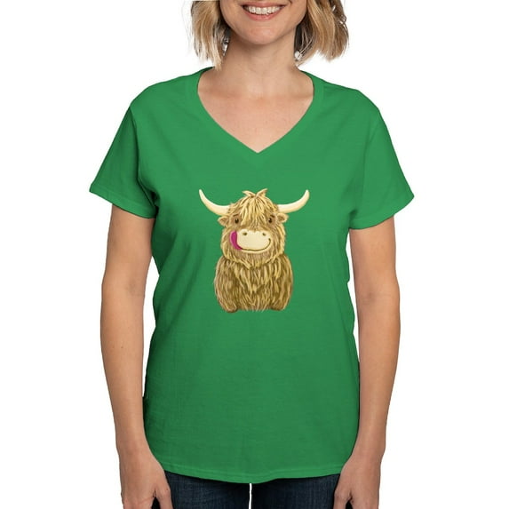 CafePress - Happy Highland Cow T Shirt - Women's V-Neck Dark T-Shirt