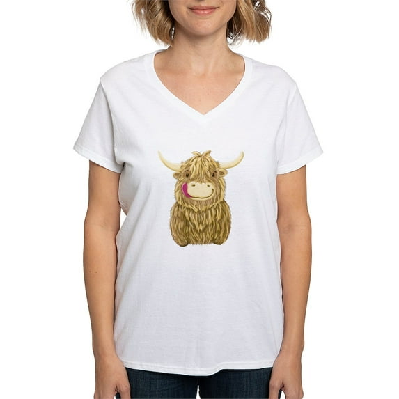 CafePress - Happy Highland Cow T Shirt - Womens Cotton V-Neck T-shirt