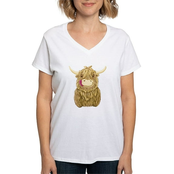 CafePress - Happy Highland Cow T Shirt - Womens Cotton V-Neck T-shirt