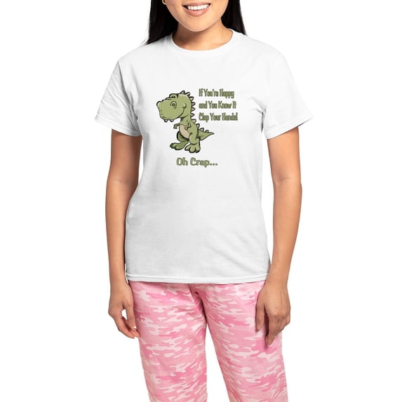 CafePress - Happy Trex Women's Light Pajamas - Women's Short Sleeve Print T-Shirt and Pants Light Cotton Pajama Set