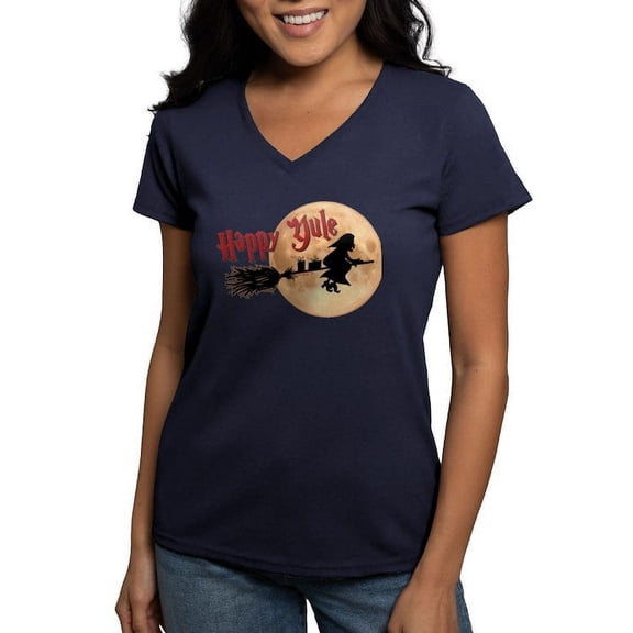 CafePress - Happy Yule T Shirt - Women's V-Neck Dark T-Shirt