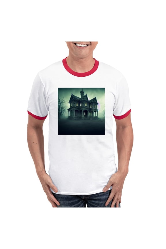 - Haunted House Men's Ringer T Shirt - 100% Cotton Ringed T-Shirt