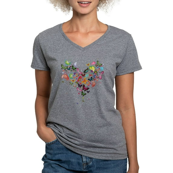 CafePress - Heart Of Butterflies T Shirt - Women's V-Neck Dark T-Shirt