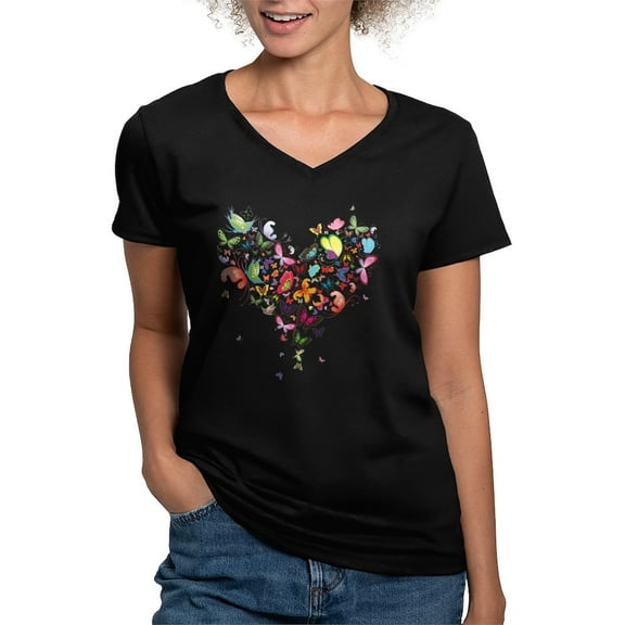 CafePress - Heart Of Butterflies T Shirt - Women's V-Neck Dark T-Shirt