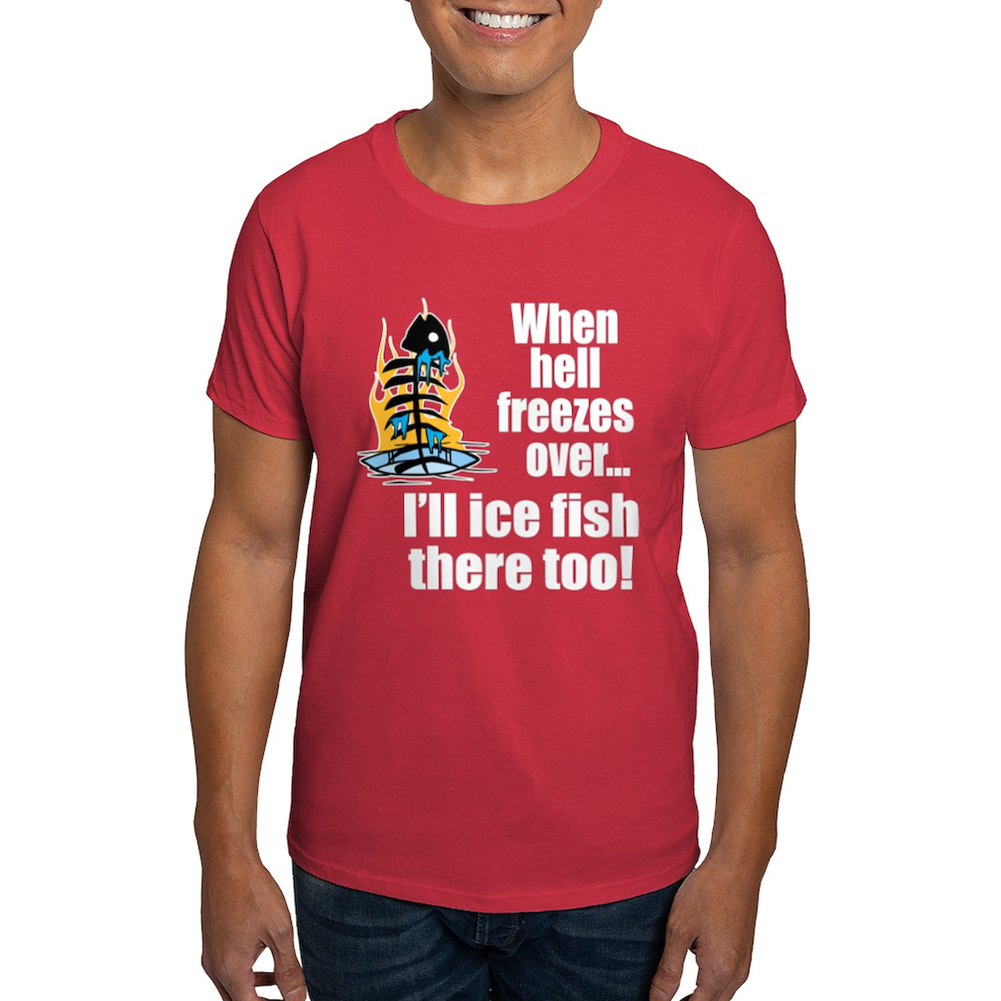 Cafepress - Hell Freezes Ice Fishing Dark T Shirt - 100% Cotton T-Shirt, adult Unisex, Size: XLT, Red