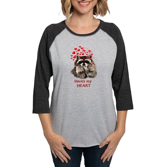 CafePress - Here's My Heart Cute Raccoon B Long Sleeve T Shirt - Womens Baseball Tee